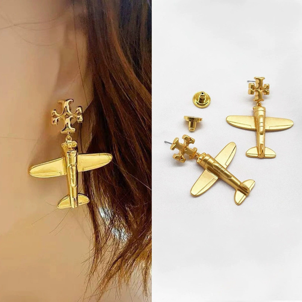 Tory Burch Vintage Matte Airplane Stud Earrings Gold Plated Creative Design